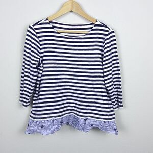 Talbots Woman Petite Navy Blue & White Striped Top Ruffle Hem 3/4 Sleeve 1XLP